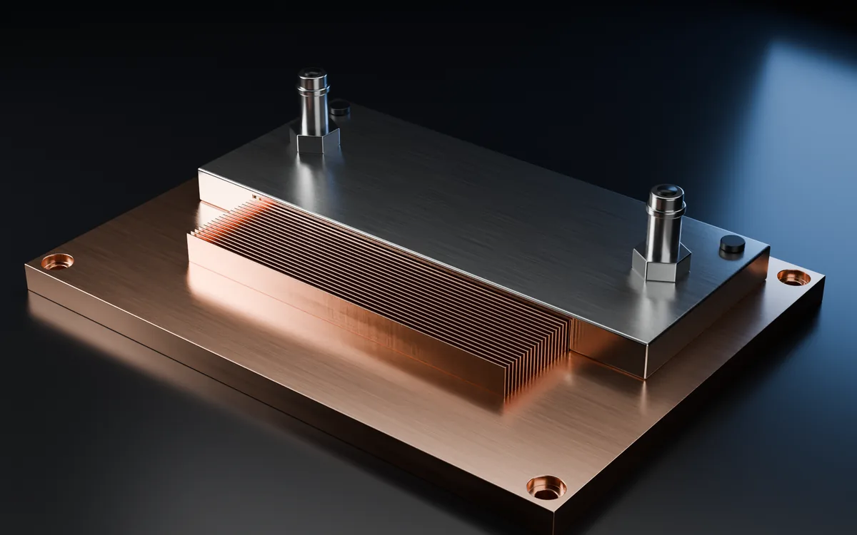 Rendered illustration of a liquid cold plate with part of its cover cut away, revealing thin copper fins inside.